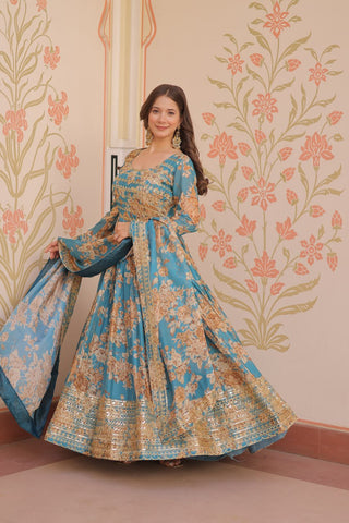Gorgeous Flower Print Sky Blue Color Long Gown