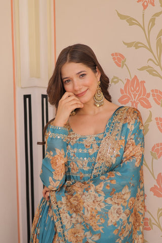 Gorgeous Flower Print Sky Blue Color Long Gown