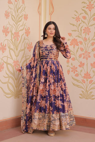 Gorgeous Flower Print Purple Color Long Gown