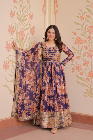 Gorgeous Flower Print Purple Color Long Gown