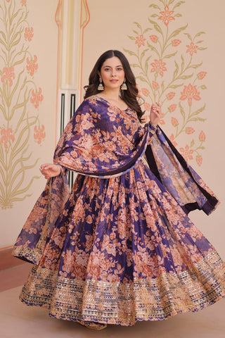 Gorgeous Flower Print Purple Color Long Gown