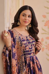 Gorgeous Flower Print Purple Color Long Gown