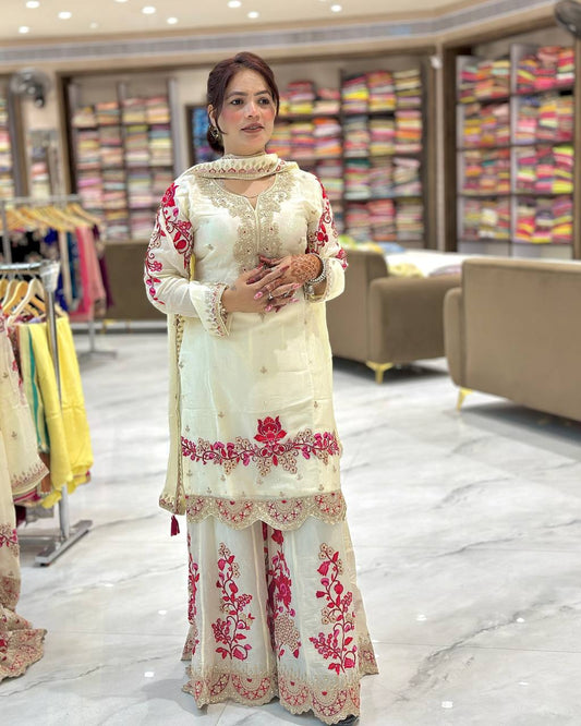 Traditional Wear Heavy Work White Color Sharara Suit