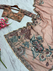 Function Wear Flower With Sequence Work Peach Color Saree
