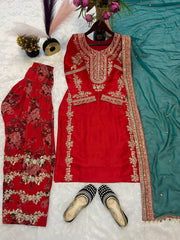 Glorious Embroidery Work Red Color Patiala Suit
