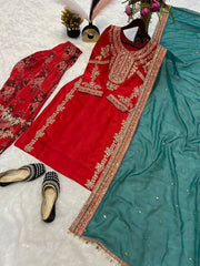 Glorious Embroidery Work Red Color Patiala Suit