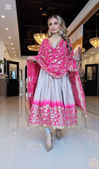 Admiring Embroidery Work Double Shaded Gown