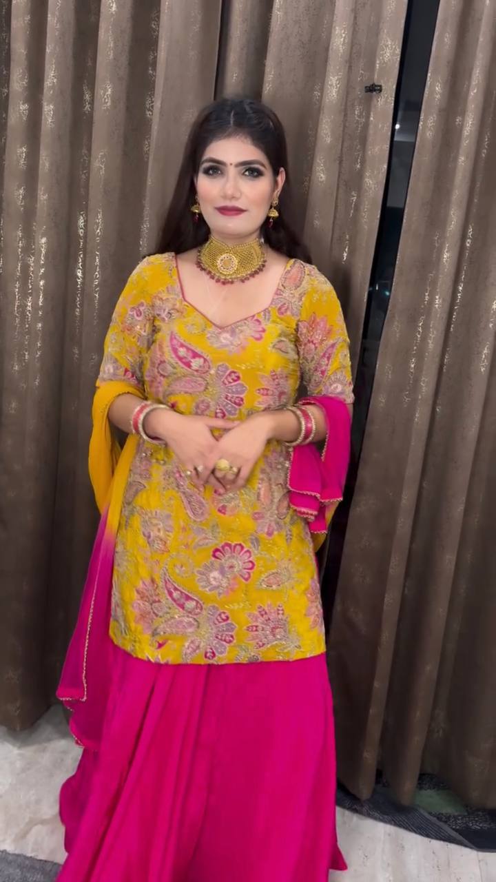 Glimmering Crep Silk Mustard Color Lehenga Choli