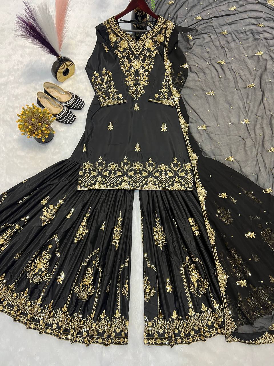 Glimmering Heavy Work Black Color Sharara Suit