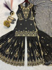 Glimmering Heavy Work Black Color Sharara Suit