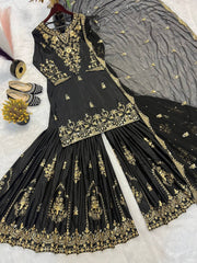 Glimmering Heavy Work Black Color Sharara Suit