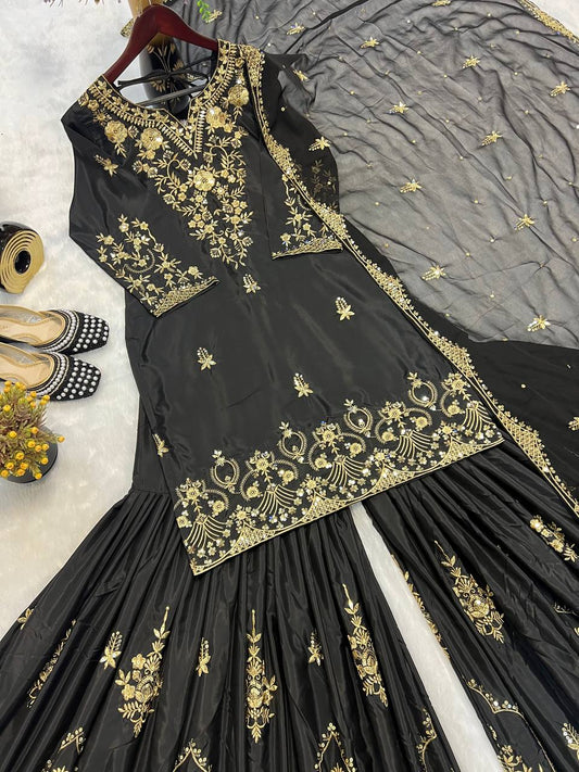 Glimmering Heavy Work Black Color Sharara Suit