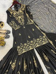 Glimmering Heavy Work Black Color Sharara Suit