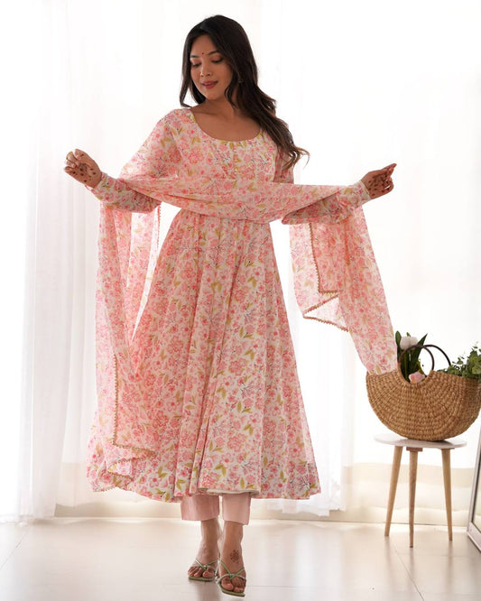 Precious Chiffon Floral Print Peach Color Anarkali Suit