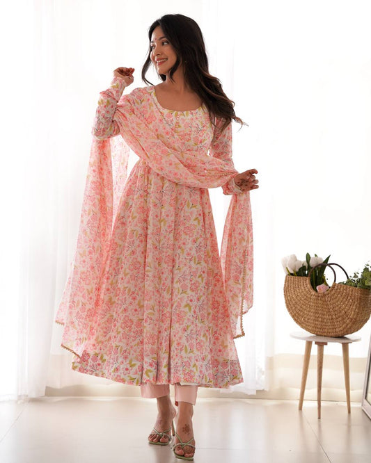 Precious Chiffon Floral Print Peach Color Anarkali Suit
