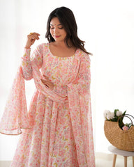 Precious Chiffon Floral Print Peach Color Anarkali Suit