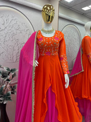 Pink With Orange Color Double Layer Anarkali Gown