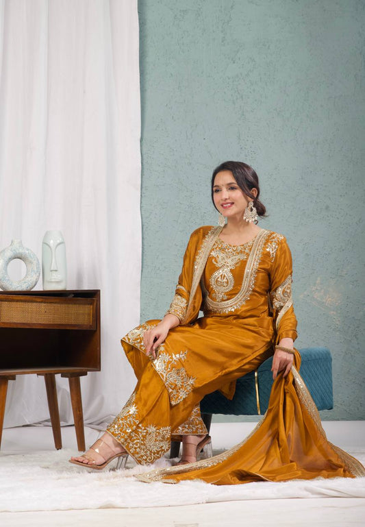 Preferable Embroidery Work Mustard Color Salwar Suit