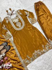 Preferable Embroidery Work Mustard Color Salwar Suit