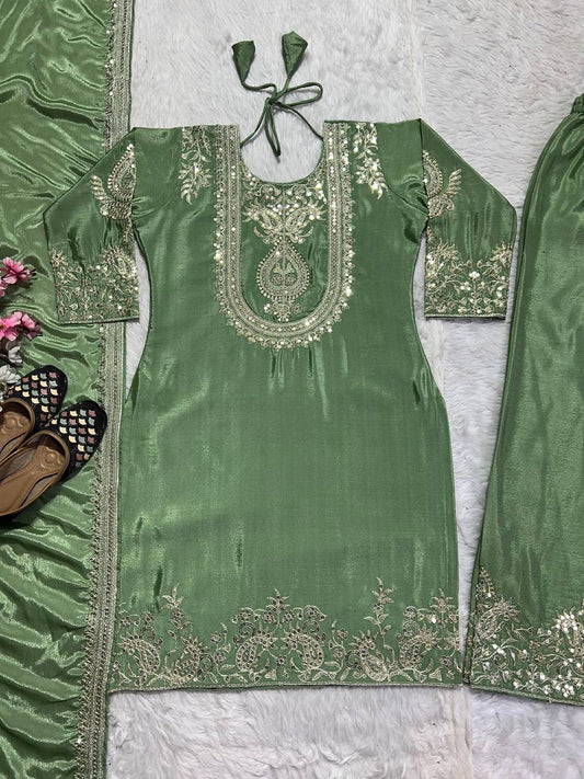Preferable Embroidery Work Pista Color Salwar Suit