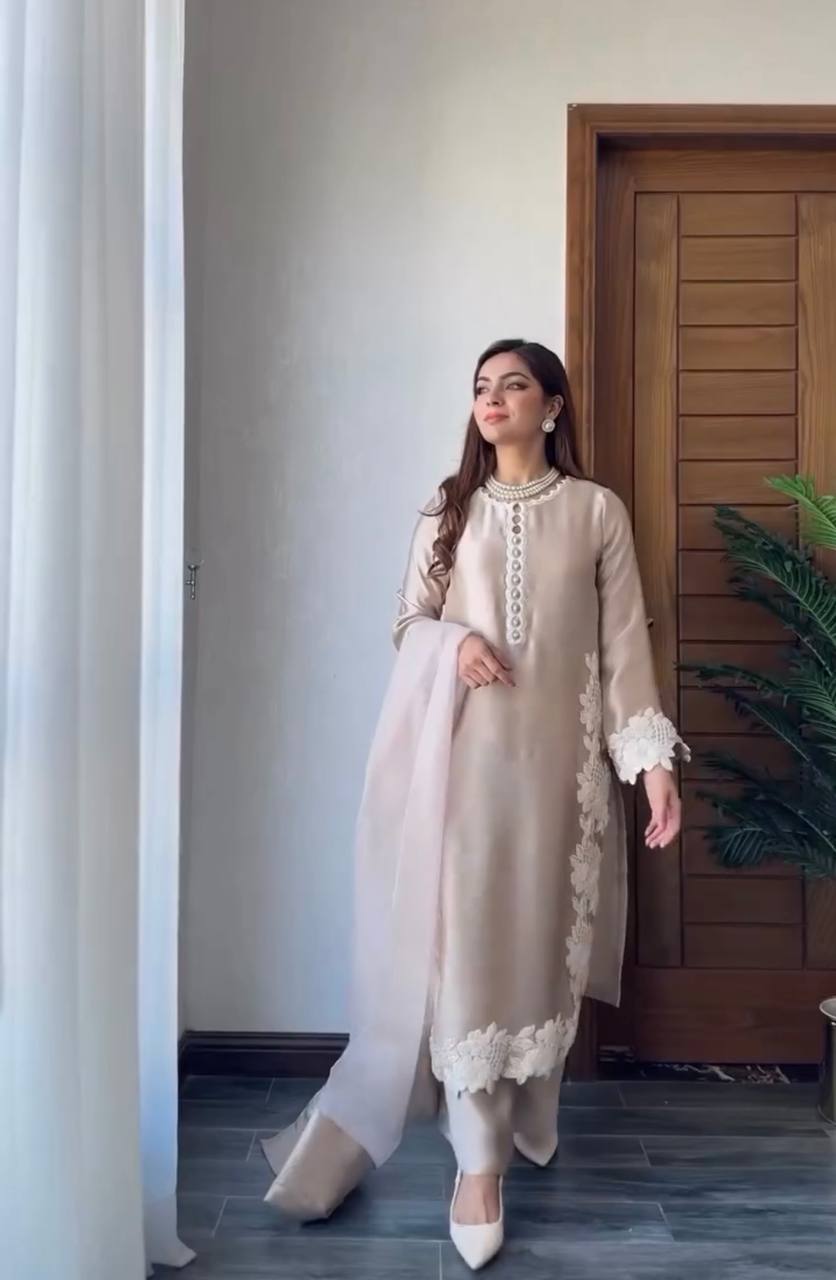 Classy Peral Moti Hand Work Cream Color Palazzo Suit