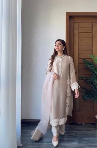 Classy Peral Moti Hand Work Cream Color Palazzo Suit