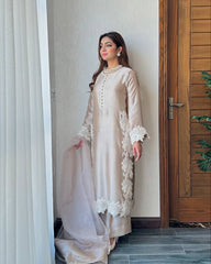 Classy Peral Moti Hand Work Cream Color Palazzo Suit