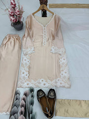 Classy Peral Moti Hand Work Cream Color Palazzo Suit