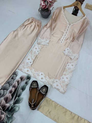 Classy Peral Moti Hand Work Cream Color Palazzo Suit
