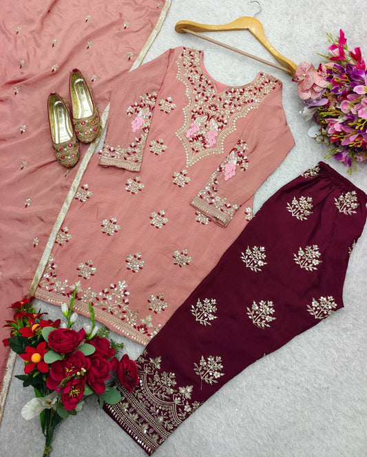 Exclusive Embroidery Work Peach Color Salwar Suit