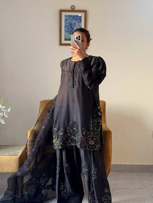 Adorable Embroidery Work Black Color Palazzo Suit