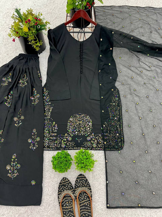 Adorable Embroidery Work Black Color Palazzo Suit