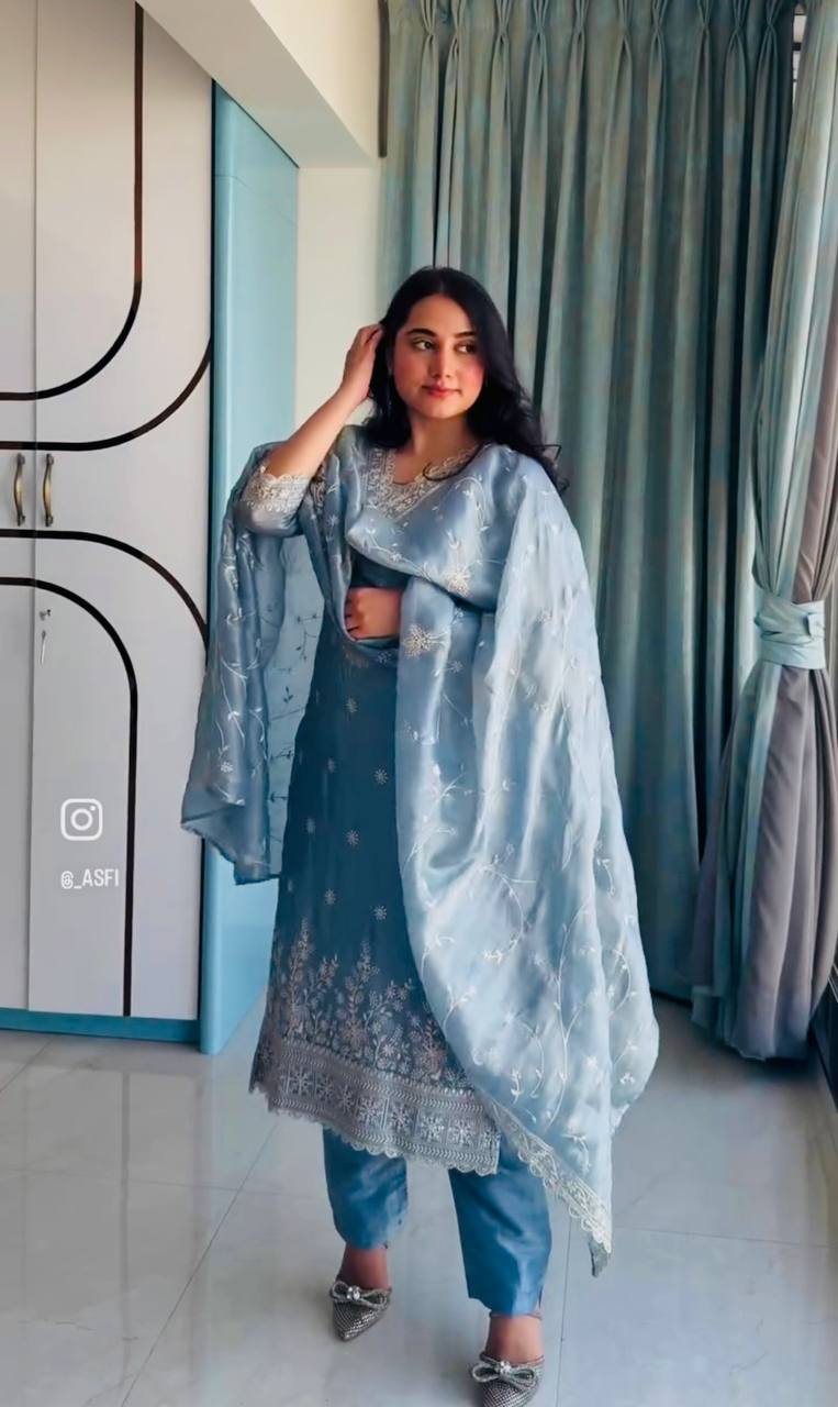 Good Looking Sequence Work Sky Color Suit Set