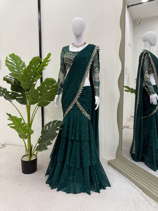 Wonderful Georgette Green Color Ready To Wear Lehenga Saree