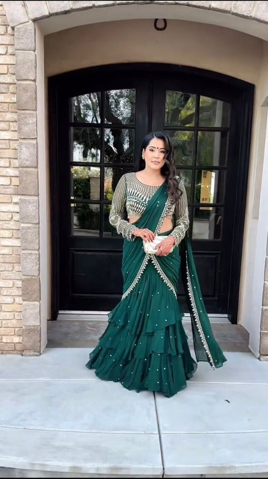 Wonderful Georgette Green Color Ready To Wear Lehenga Saree