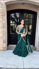 Wonderful Georgette Green Color Ready To Wear Lehenga Saree