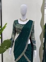Wonderful Georgette Green Color Ready To Wear Lehenga Saree
