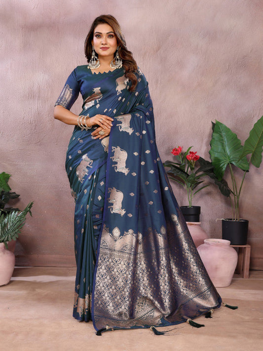 Wedding Wear Navy Blue Color Banarasi Silk Saree