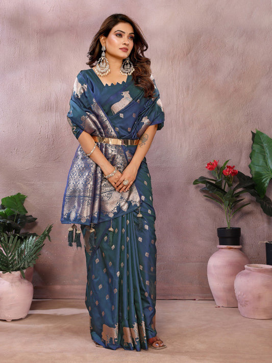 Wedding Wear Navy Blue Color Banarasi Silk Saree