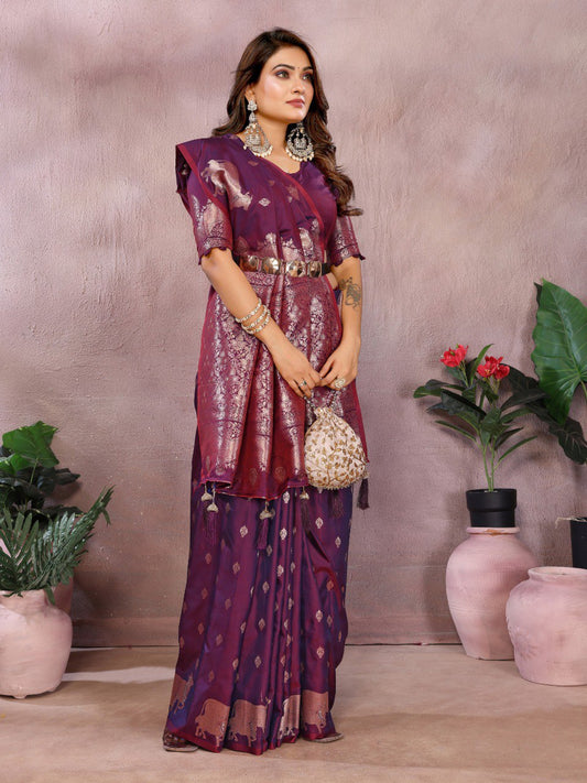 Wedding Wear Wine Color Banarasi Silk Saree