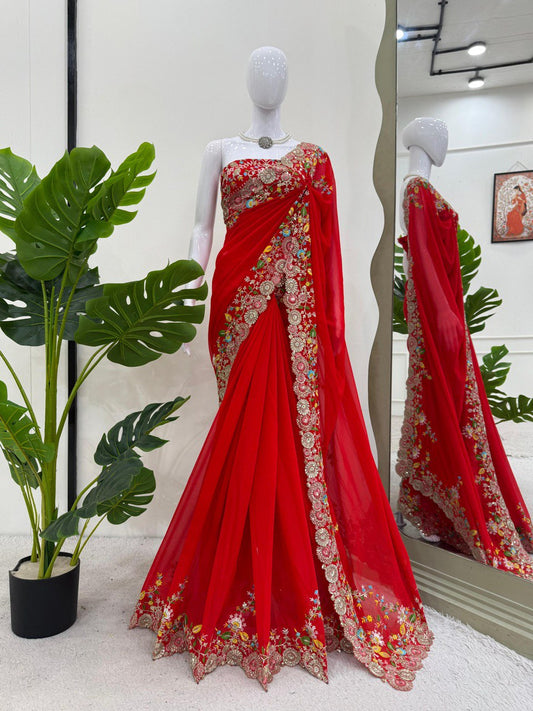 Function Wear Sequence Work Red Color Saree