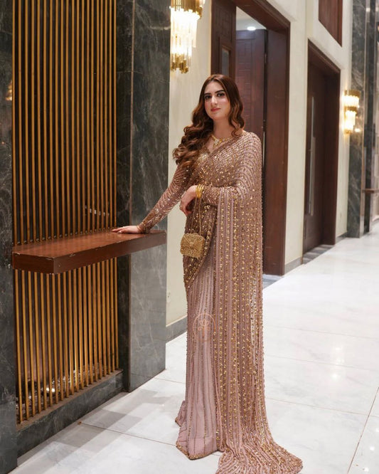 Party Wear Sequence Work Light Pink Color Saree