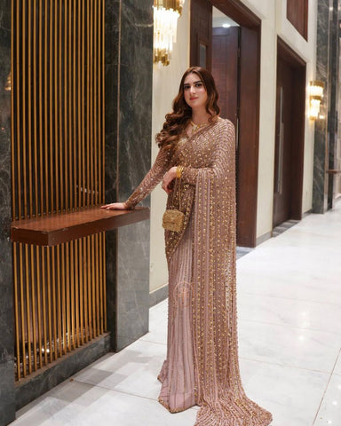 Party Wear Sequence Work Light Pink Color Saree