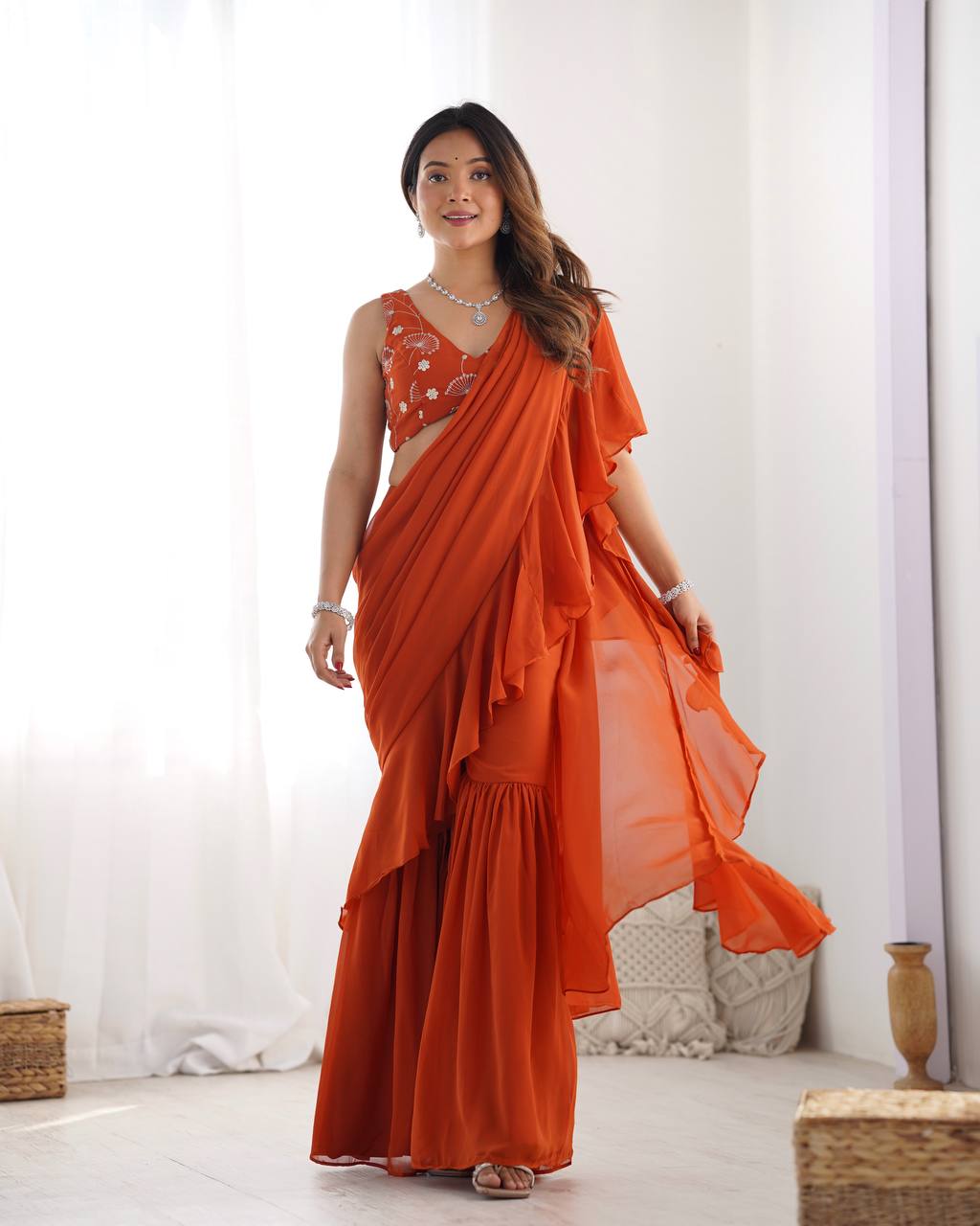 Stylish Orange Color Draped Saree