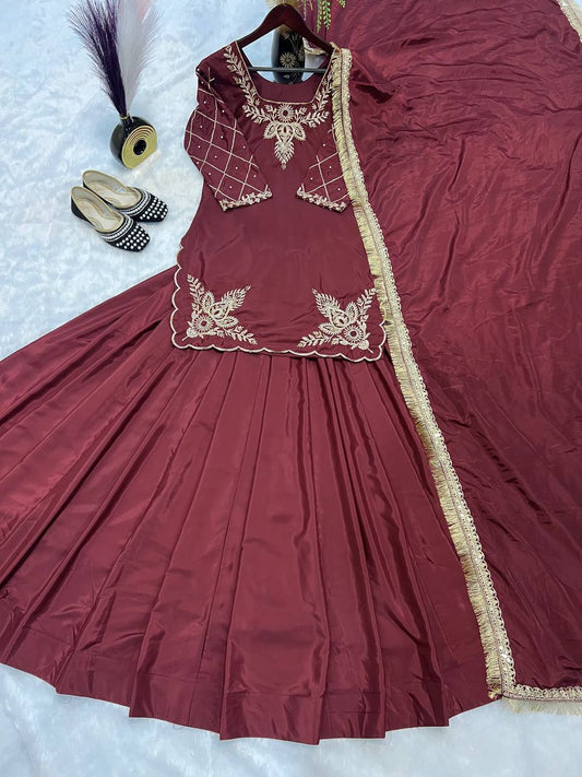 Designer Hand Work Maroon Color Top With Lehenga