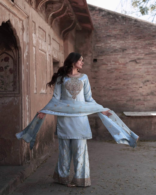 Traditional Wear Embroidery Work Sky Color Palazzo Suit
