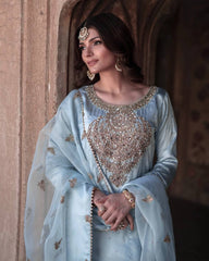 Traditional Wear Embroidery Work Sky Color Palazzo Suit
