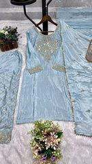 Traditional Wear Embroidery Work Sky Color Palazzo Suit