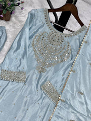 Traditional Wear Embroidery Work Sky Color Palazzo Suit
