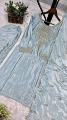 Traditional Wear Embroidery Work Sky Color Palazzo Suit